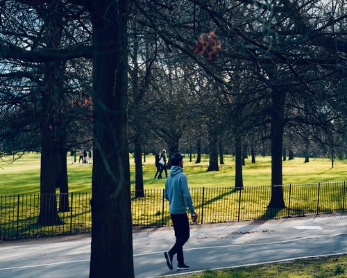 Man jogging in a green park focusing on fitness